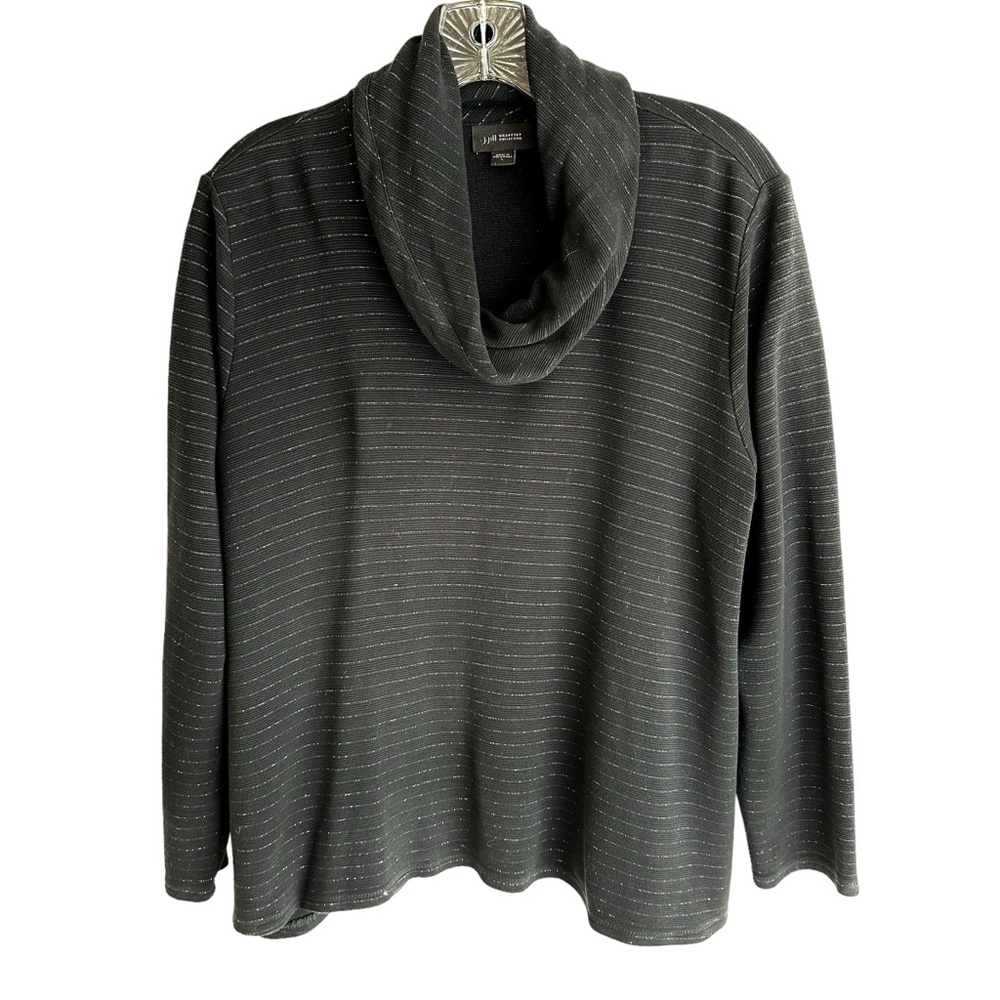 J. Jill Wearever Black Cowl Neck Top Stripes of Silver Metallic Thread Size L